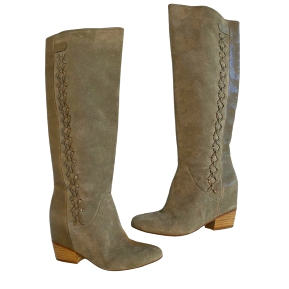 GIANNI BINI Leather/Suede Two Toned Braid Detail Knee High Boots. Olive.Size 7.5 - Picture 1 of 16